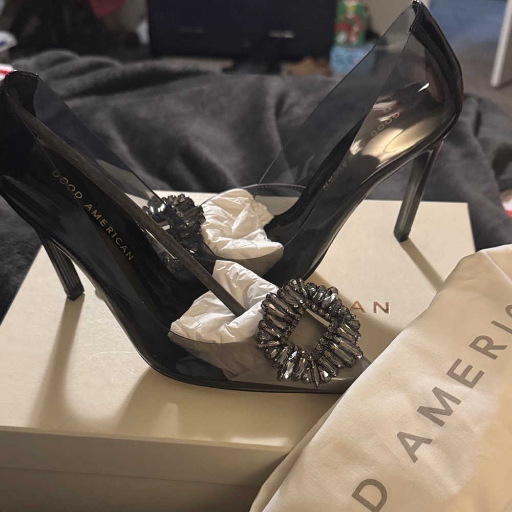 NIB GOOD AMERICAN Cinder-F*cking-Rella smoke translucent w/ jeweled toe SZ 5.5 - Picture 3 of 11